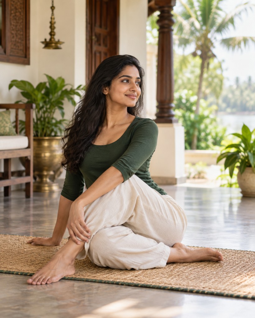 A woman practicing mindful movement in a sunlit wellness space