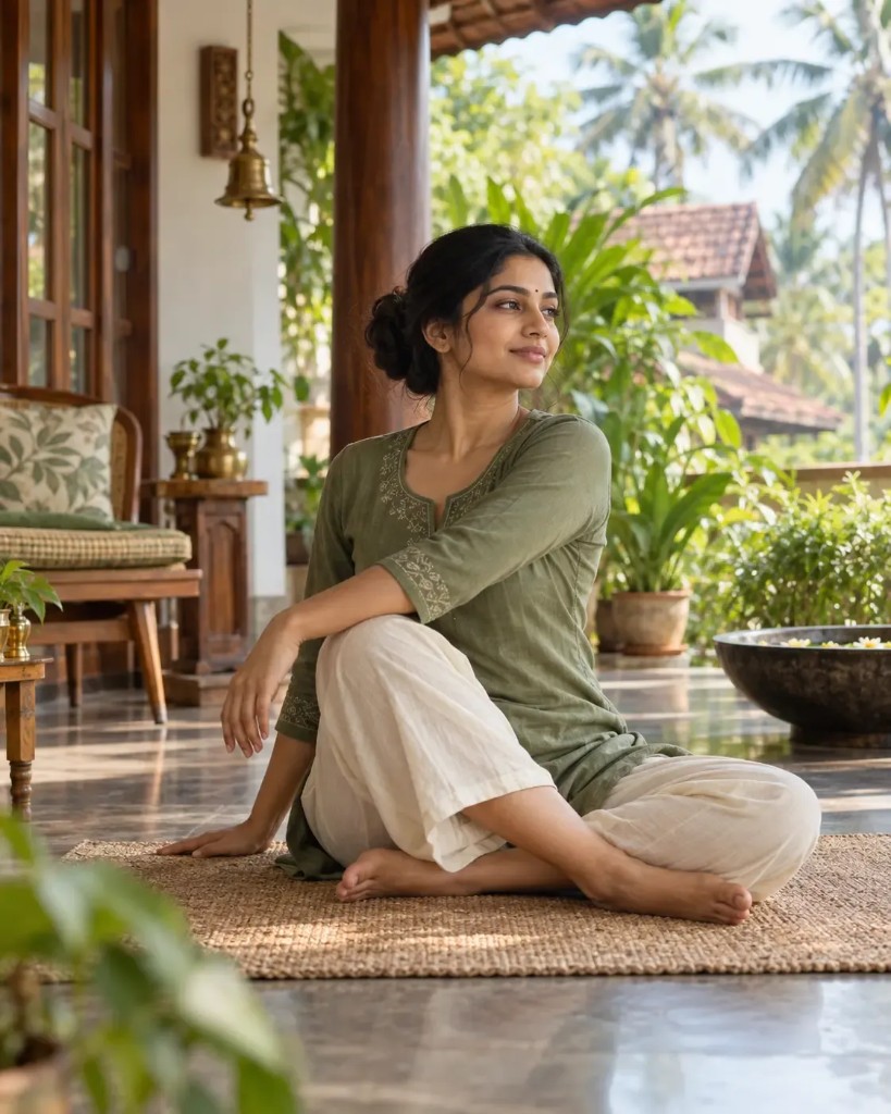 A woman in mindful pose on a sunlit veranda surrounded by greenery